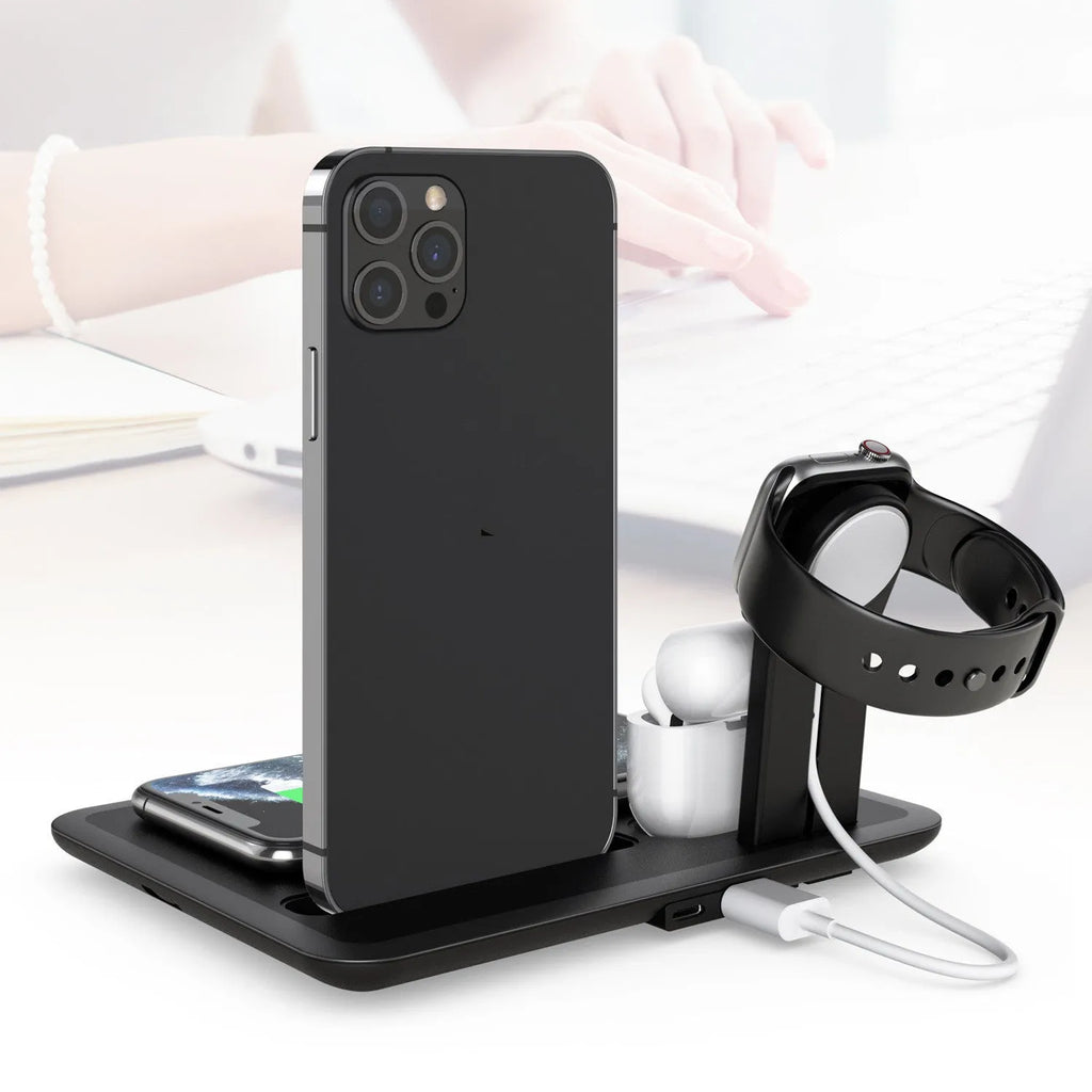 Black and white wireless desktop charging station for phones, headphones, and smartwatches with USB cable