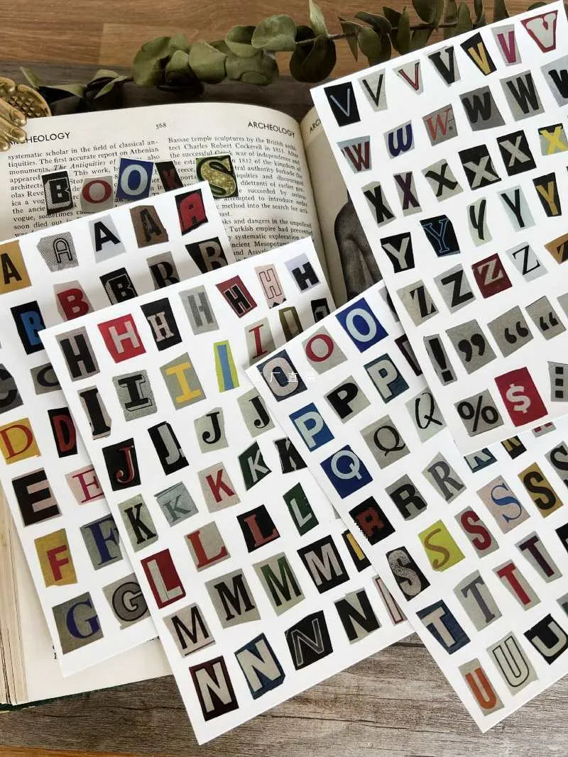 English letters and numbers symbol label stickers showing A-E letters and week words in cute printed designs