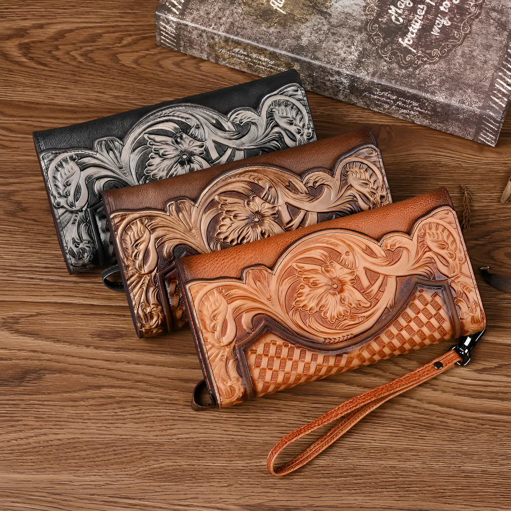 Retro brown embossed floral tri-fold wallet made from genuine cowhide leather.