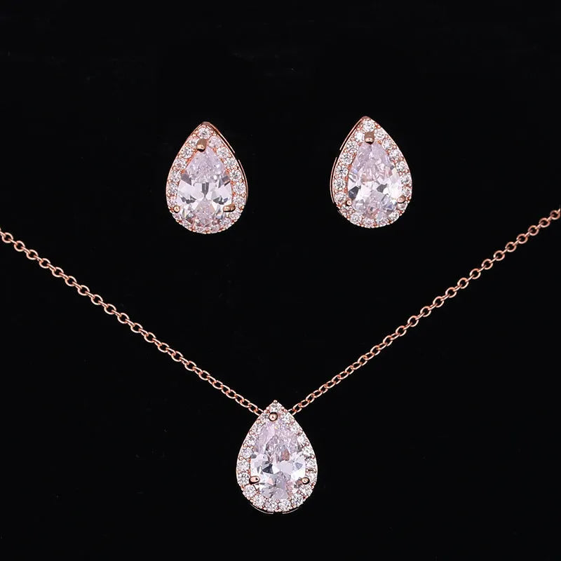 Women's water drop gemstone necklace and earrings jewellery set in copper and zircon, available in gold finish