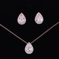 Women's water drop gemstone necklace and earrings jewellery set in copper and zircon, available in gold finish