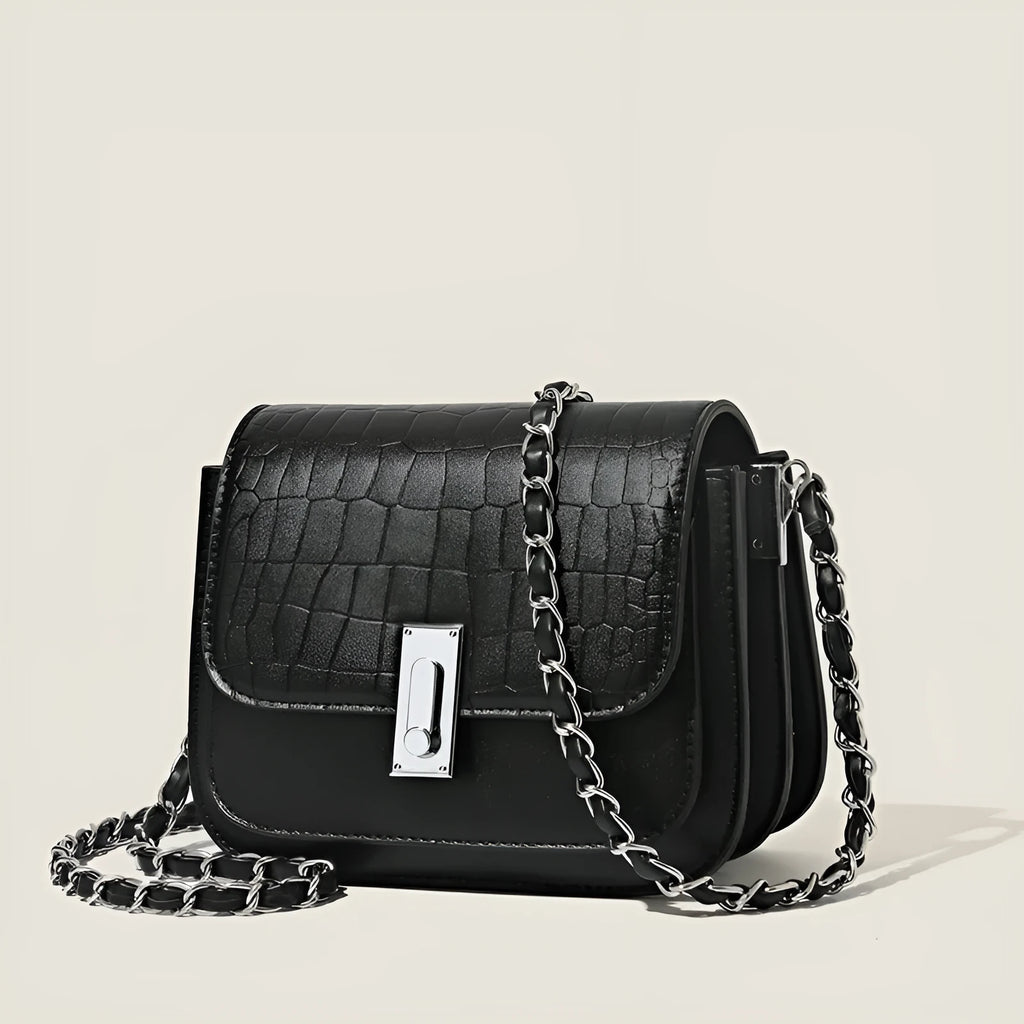 Black soft PU leather women's chain crossbody bag with square shape and chain strap