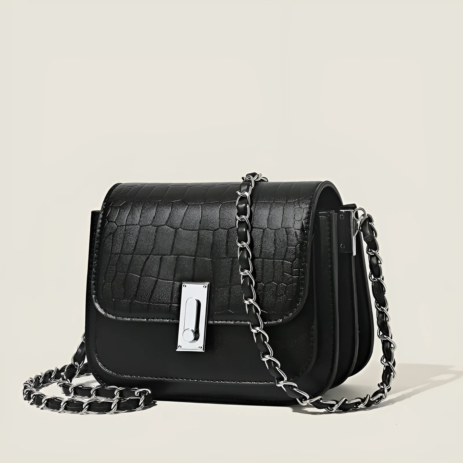Black soft PU leather women's chain crossbody bag with square shape and chain strap