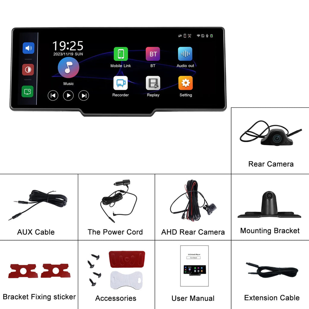 10.26-inch car DVR dash cam with rear view camera mounted on vehicle dashboard