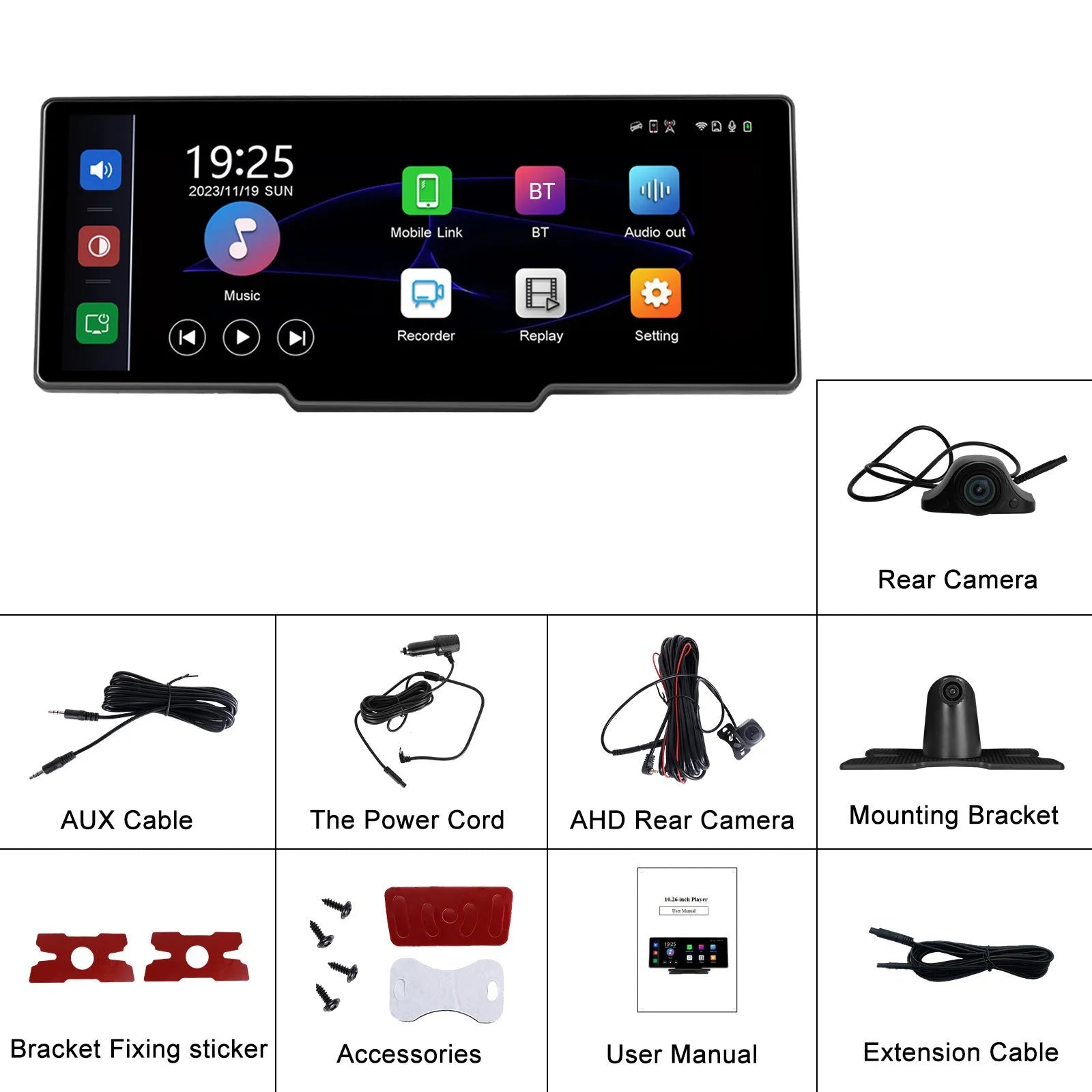 10.26-inch car DVR dash cam with rear view camera mounted on vehicle dashboard