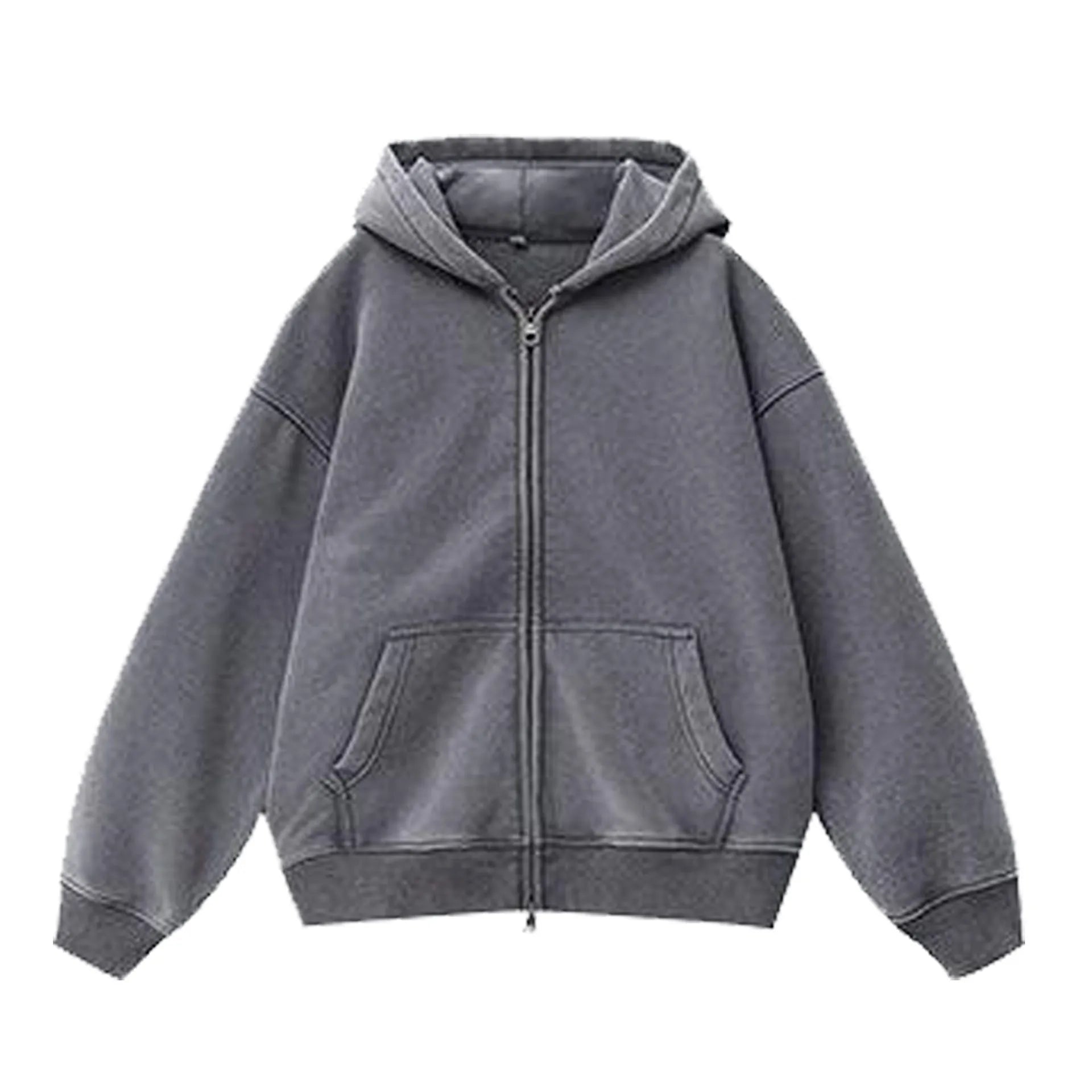 Woman's loose-fit fleece-lined cardigan sweater with a hood in a distressed colour, showing patch pockets and drop-shoulder sleeves.
