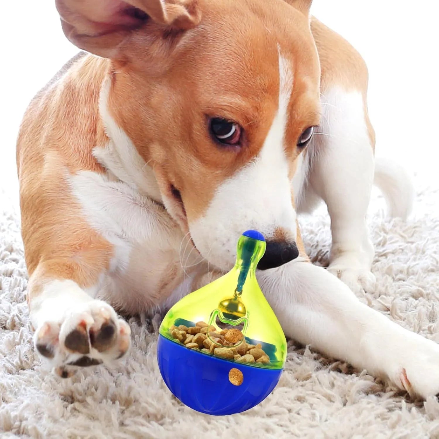 Tumbler-shaped pet treat dispenser toy for dogs and cats with leaky food openings