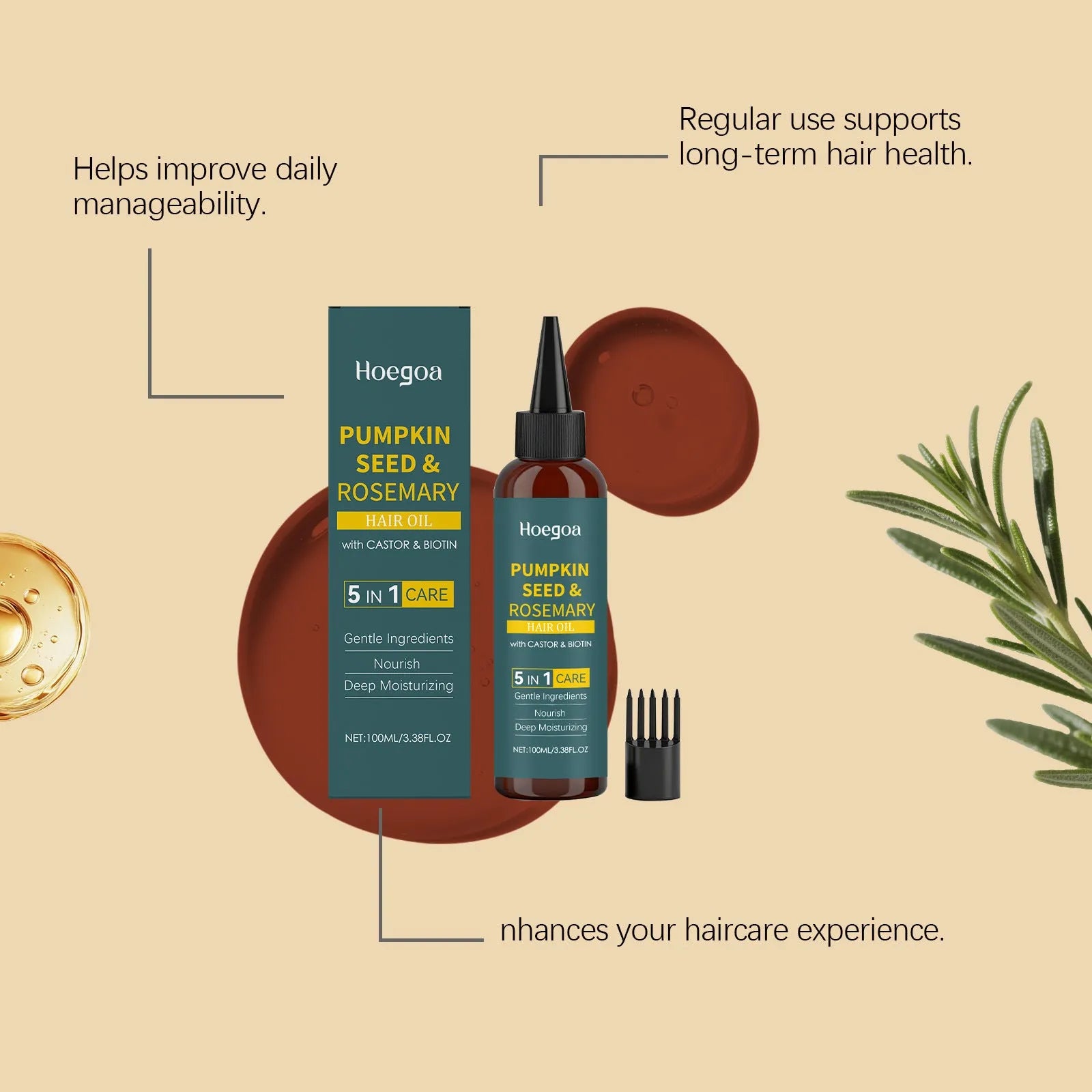 100ML rosemary essential oil bottle with pointed applicator and hair comb for hair treatment