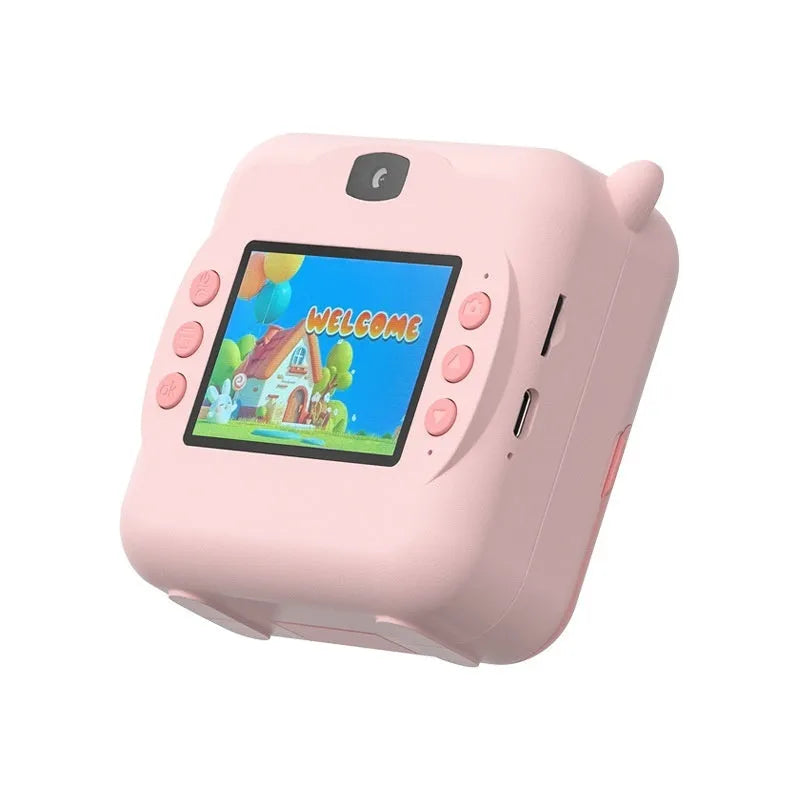 Portable thermal printing camera in pink and blue with ABS body and compact dimensions 102.5 x 59.07 x 79.43 mm