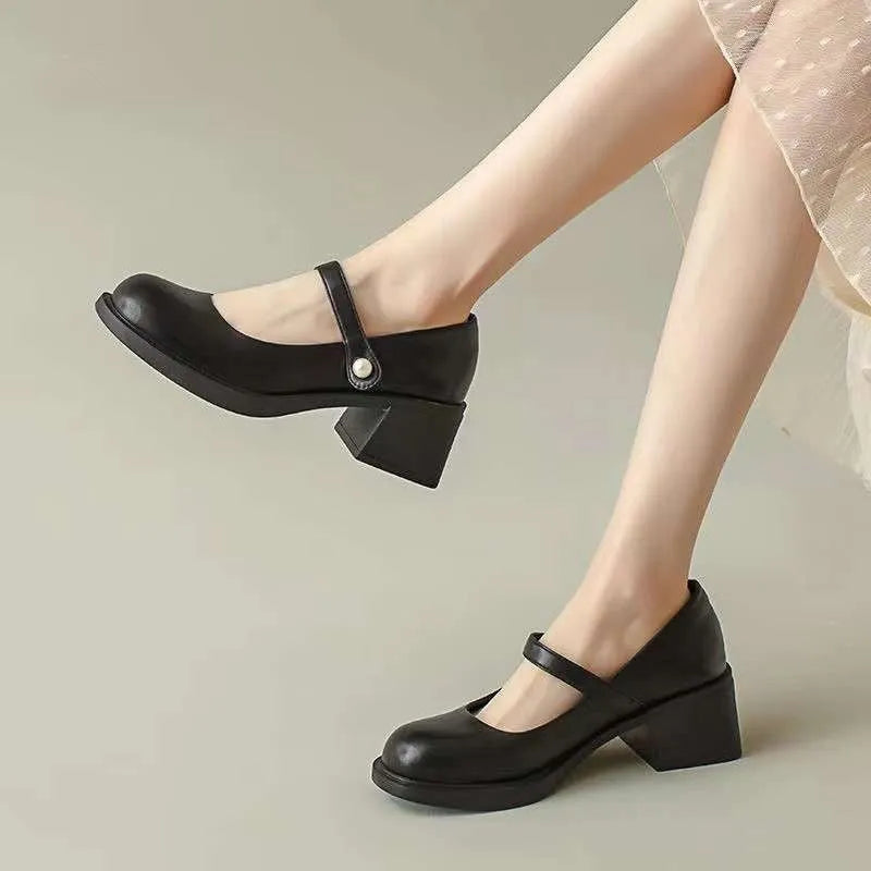 Women's PU leather loafers with short stout heel, round toe, in beige colour, solid colour design