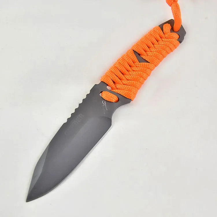 Camping knife with straight blade and rope bound handle showing ABS sheath