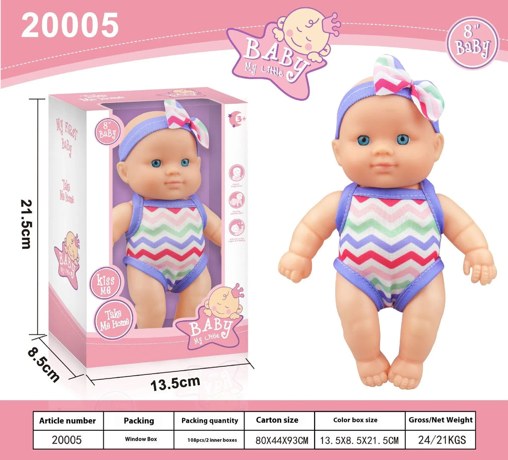21.5cm tall simulation baby vinyl figurine doll in one of six colour variations on display