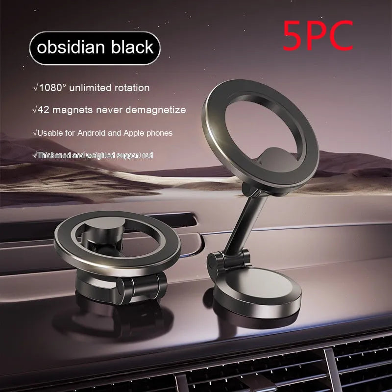 All-metal magnetic car phone mount with foldable design on car dashboard