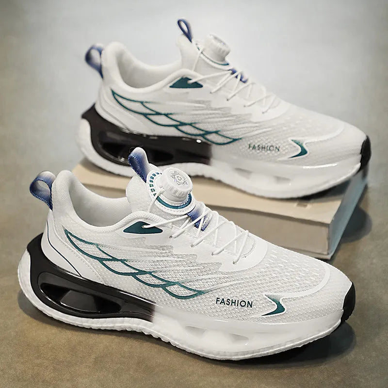 Youth button sneaker with shock absorption rotating sole in light blue, black, or white and blue colours