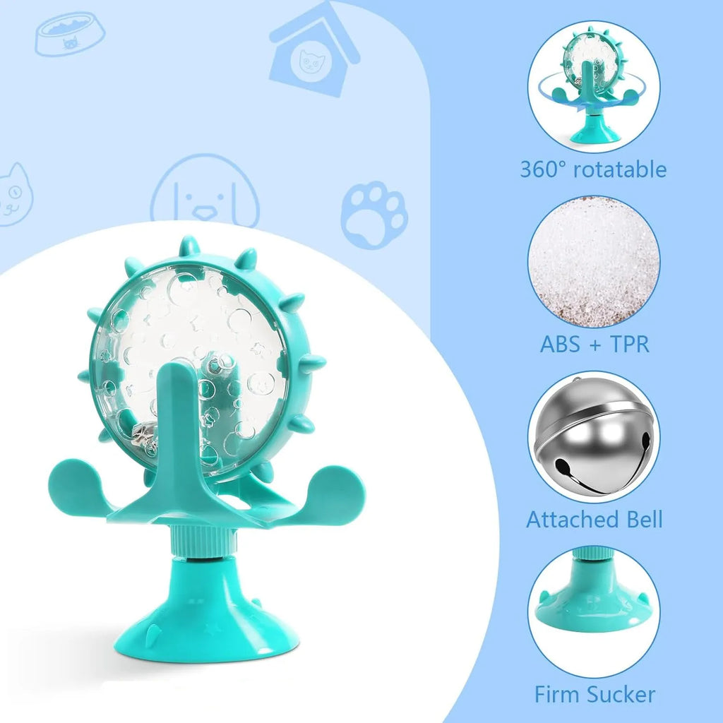 Interactive pet puzzle toy with rotating food dispenser in blue, green, red, or yellow colours