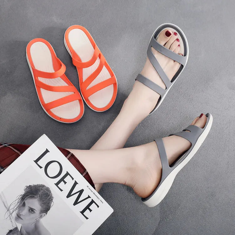 Women's solid-colour summer sandals with PP upper material in red, purple, blue, black, grey, or pink