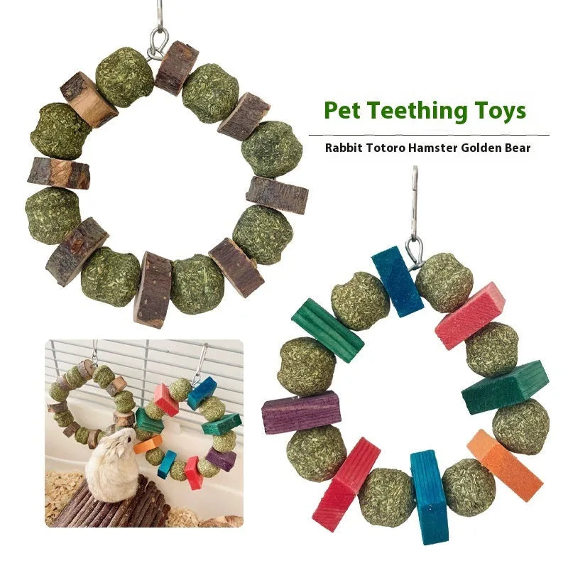 Small pet chew toy with straw ball ring design in colour sequin and applewood styles