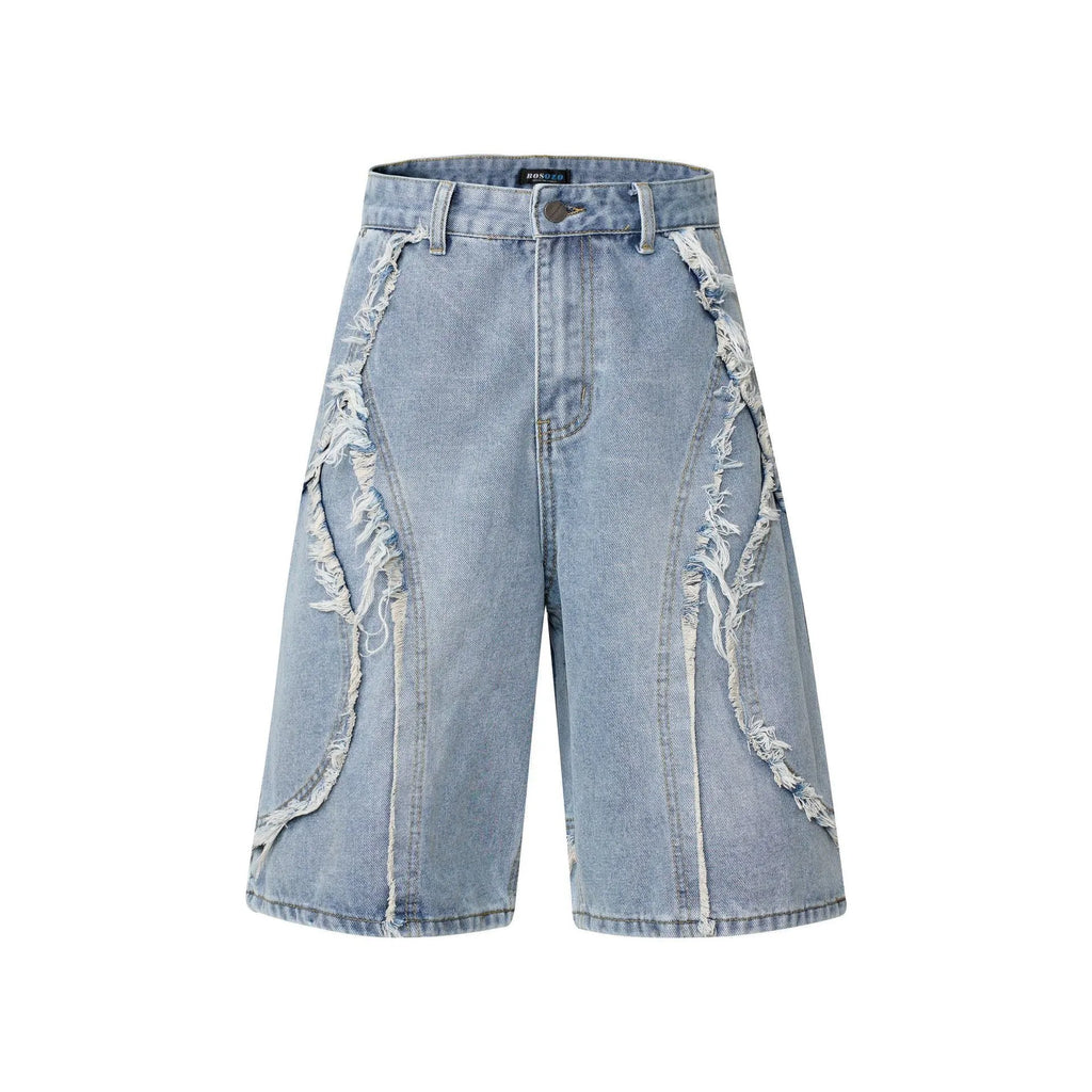 Men's distressed light blue denim shorts with raw edge detailing and a straight leg cut on a plain background.