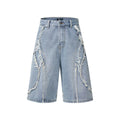 Men's distressed light blue denim shorts with raw edge detailing and a straight leg cut on a plain background.