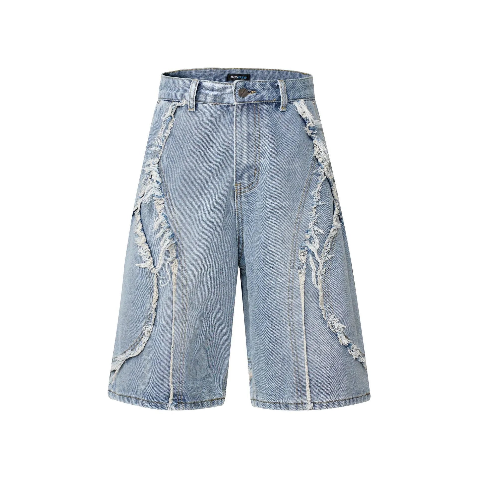 Men's distressed light blue denim shorts with raw edge detailing and a straight leg cut on a plain background.