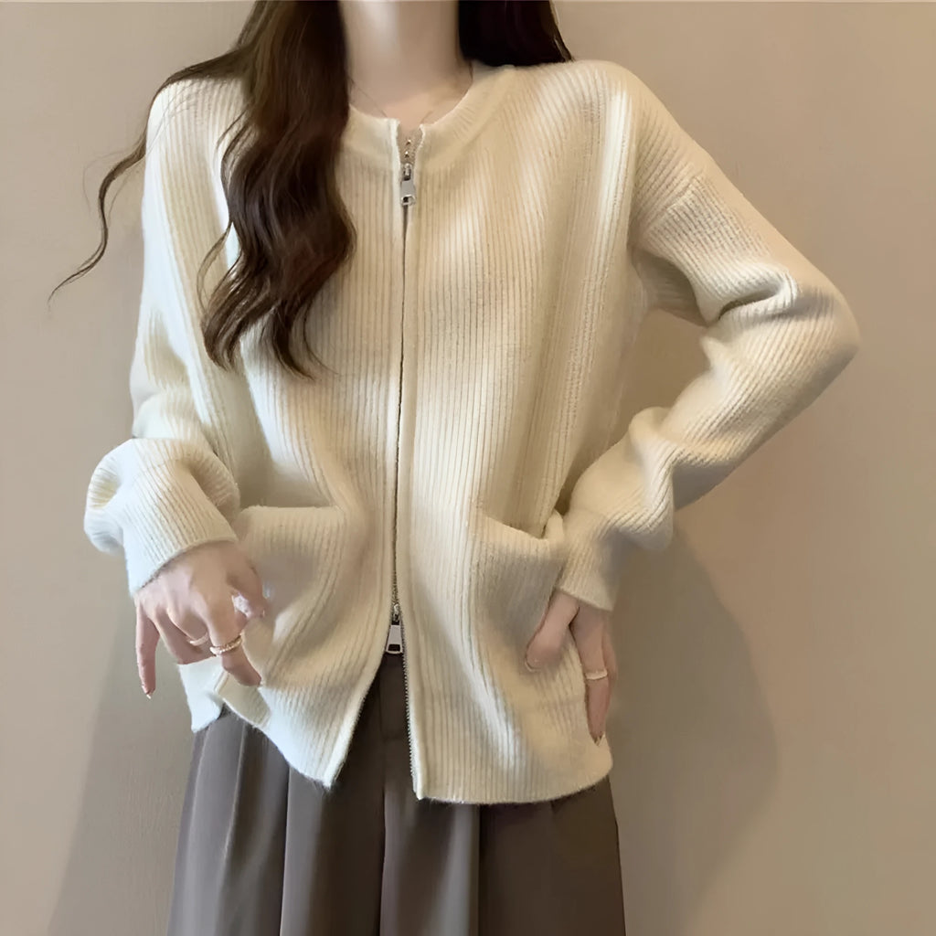 Beige viscose knit sweater coat for women, shown as an open-front cardigan with long sleeves.