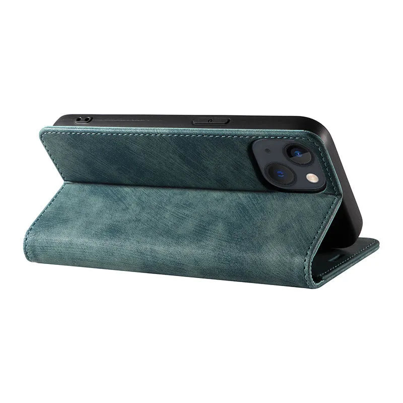 Magnetic flip phone case for iPhone in leather and TPU, shown in multiple colour options.