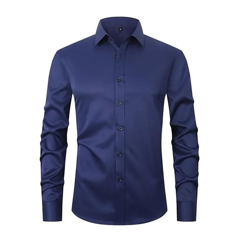 Men's stretch long sleeve work shirt in polyester fabric shown in a light colour, featuring a button front and long sleeves.