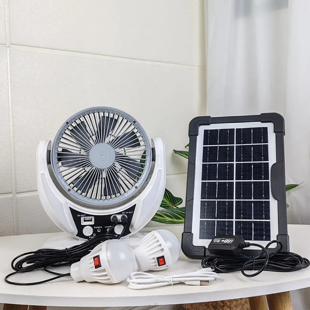 Solar charging emergency fan with LED lighting, 6-inch blade, white housing, and solar panel