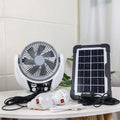 Solar charging emergency fan with LED lighting, 6-inch blade, white housing, and solar panel
