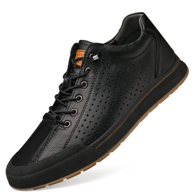 Men's casual shoes in matte leather with round toe and flat heel, shown in black and white colour options.