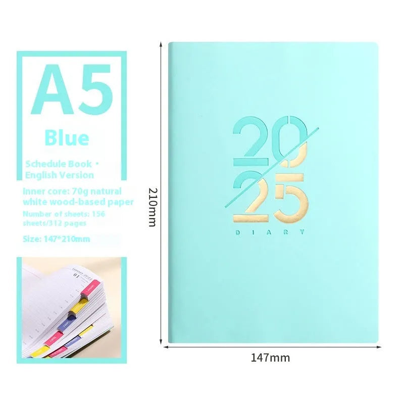 Soft leather A5 daily plan schedule book 2025 with faux leather cover open showing Dorian paper pages