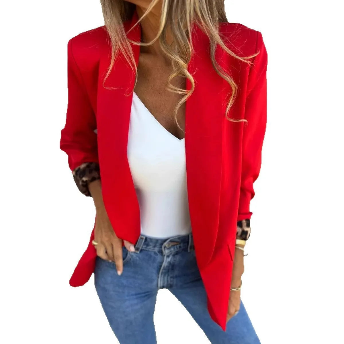 Women's slim-fit suit coat with cheetah print pattern in black or red colour