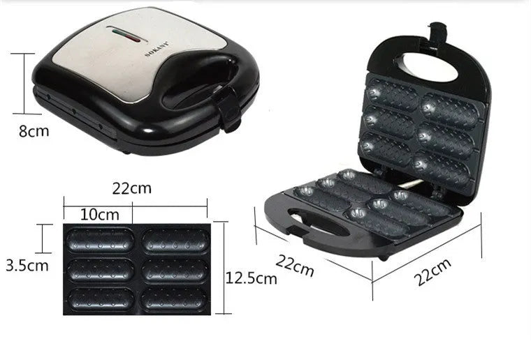 Black home hot dog roast sausage frying machine with non-stick coated rollers on a countertop