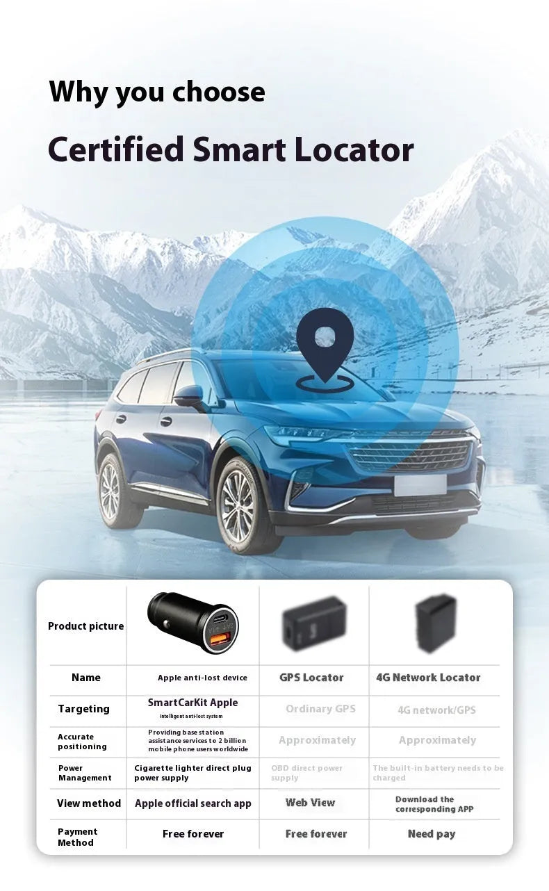 Black GPS car locator with a 12V car charger plug for vehicle tracking.