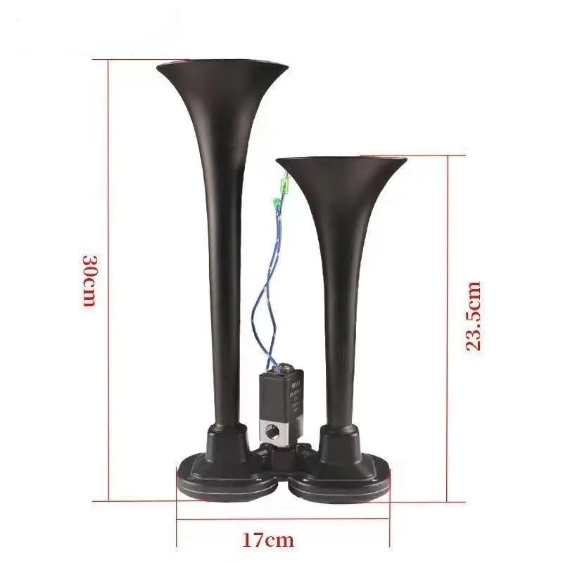 Black dual trumpet 300dB air horn kit for 12V and 24V vehicle installation