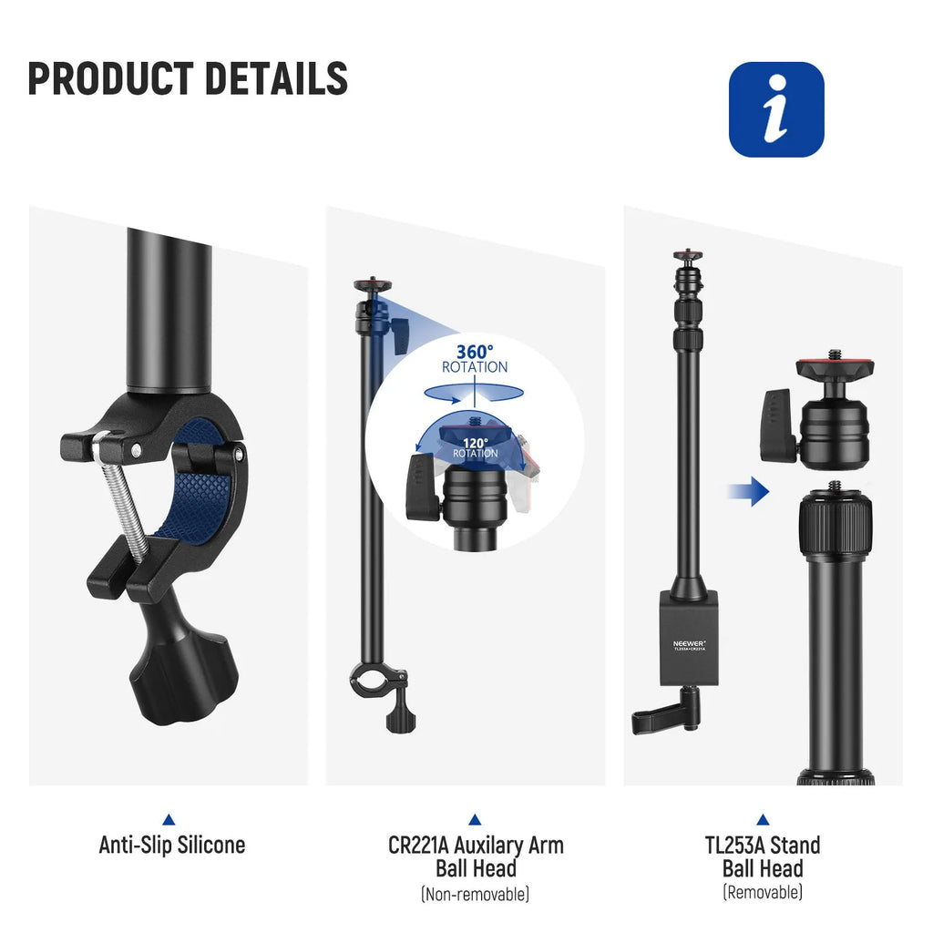 Portable metal desktop photography stand with adjustable cross arm and metal cellphone holder