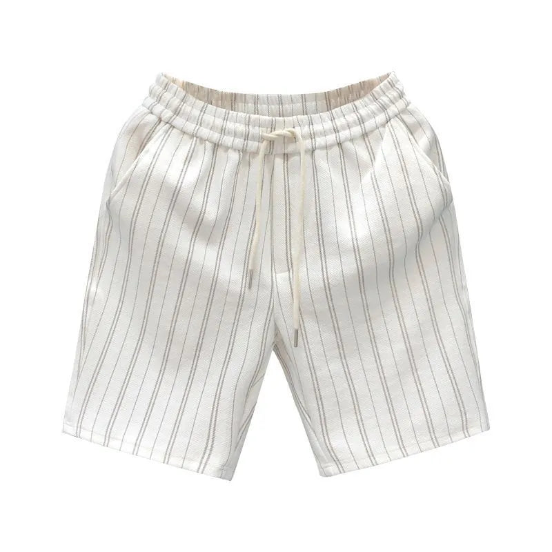 Men's black and white striped fleece-lined casual shorts with double-layer waistband