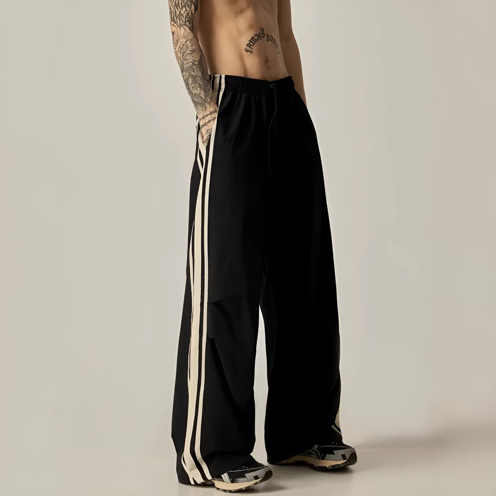 Black men's wide leg climbing pants with high waist and straight cut design