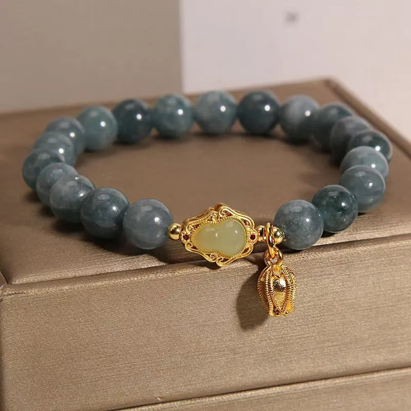 Blue natural stone bracelet with gourd lotus pendant and flower-shaped beads for women