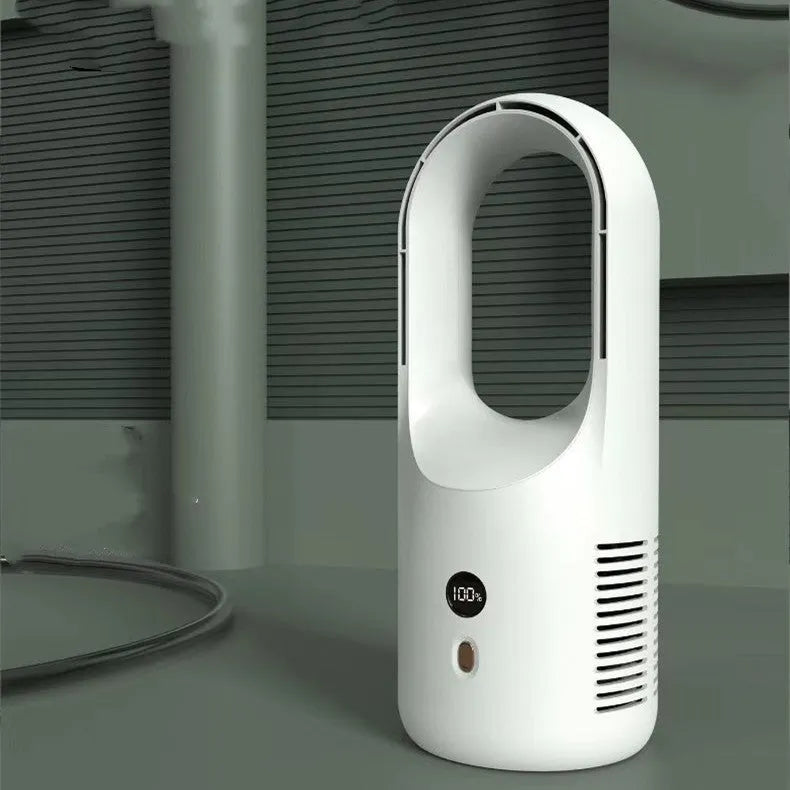 White bladeless electric desk fan with LED display on a desk, showing portable USB rechargeable design.