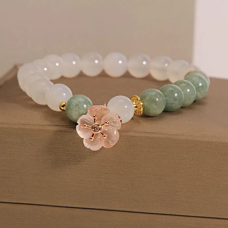 White agate and pink jade floral bracelet with adjustable beads for women