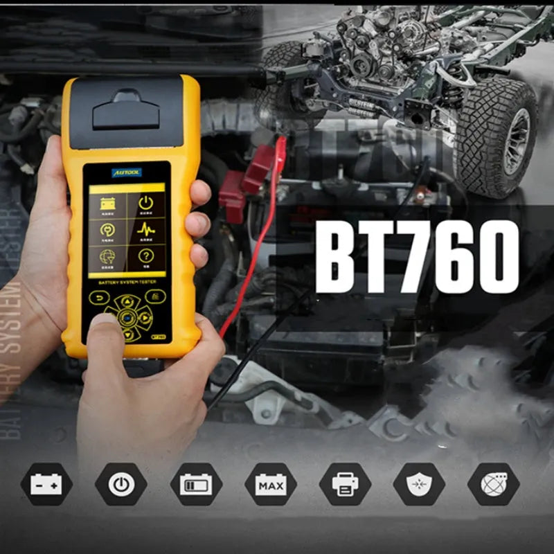 Autool BT-760 colour screen vehicle battery tester with red and black alligator clips.