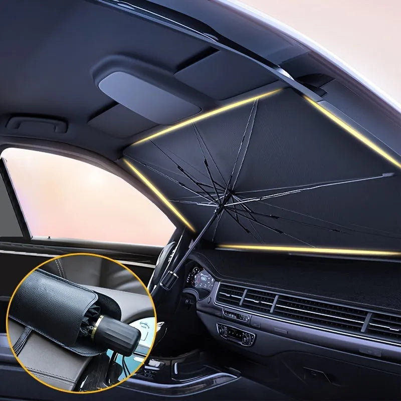 Foldable car windshield sunshade umbrella shown in open position against vehicle windshield