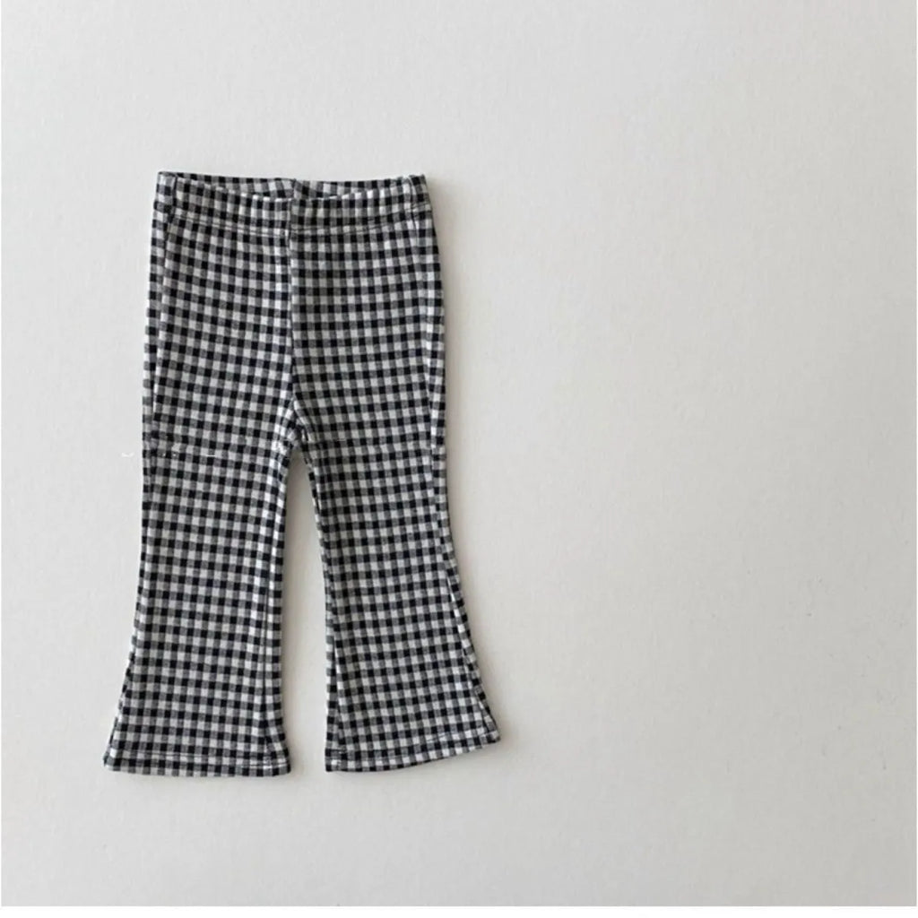 Girls fleece-lined bell-bottom pants in plaid pattern, polyester fabric, mid-waist, suitable for 80-150cm height