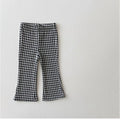 Girls fleece-lined bell-bottom pants in plaid pattern, polyester fabric, mid-waist, suitable for 80-150cm height