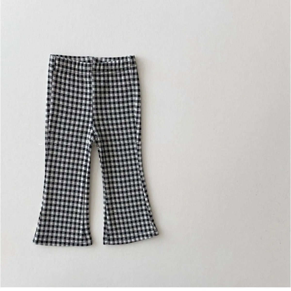 Girls fleece-lined bell-bottom pants in plaid pattern, polyester fabric, mid-waist, suitable for 80-150cm height