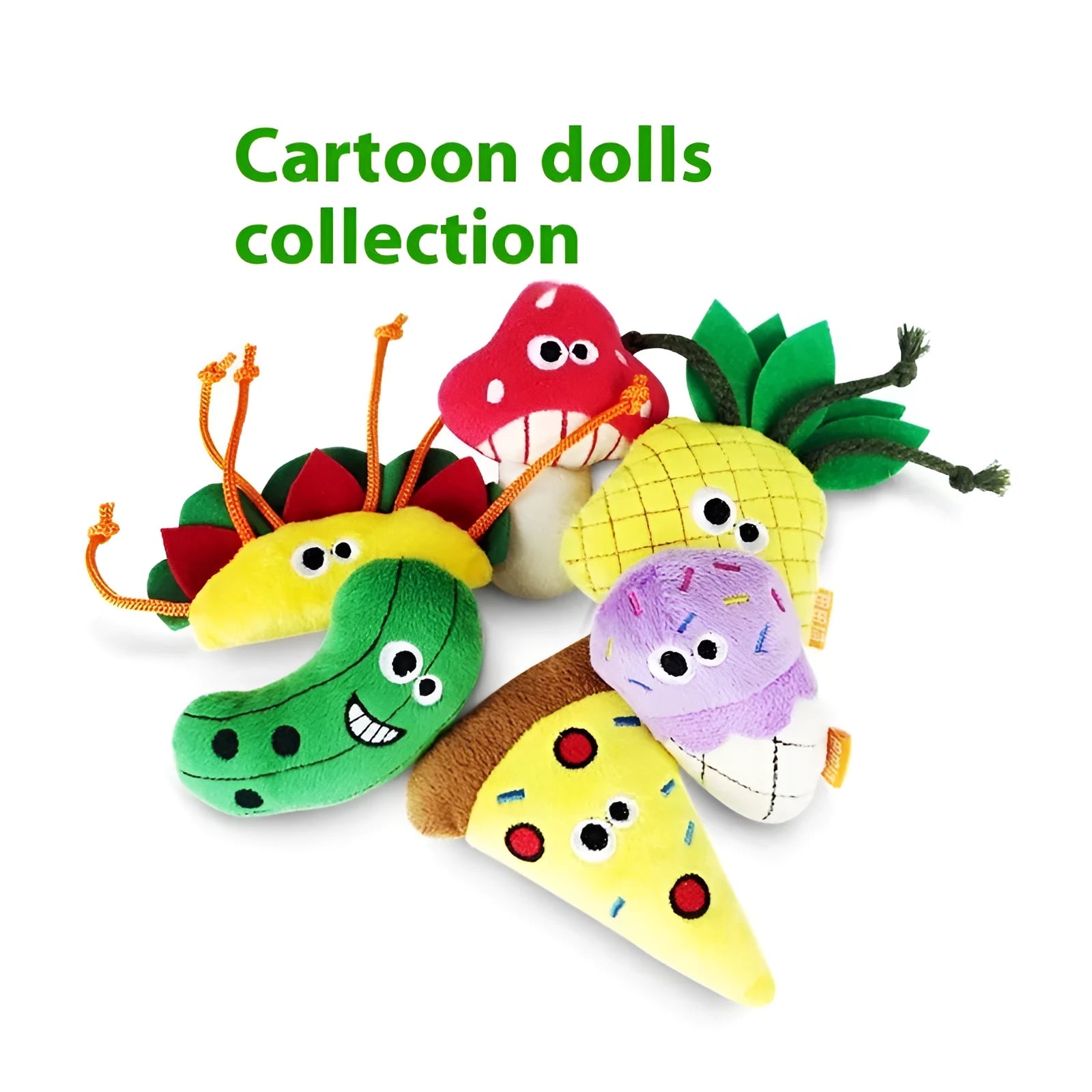 Tiantianmao catnip plush chewing pillow in food theme options like burrito, pineapple, and pizza.