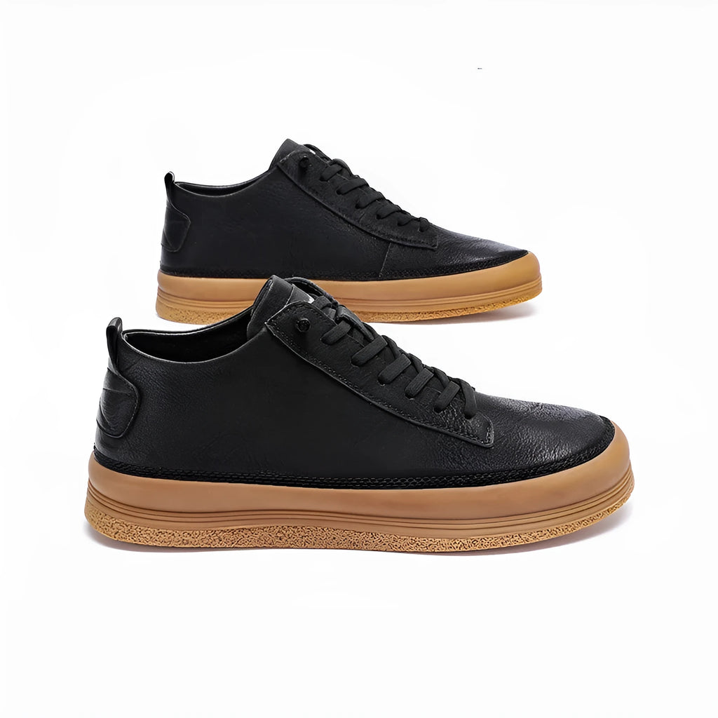 Men's black casual leather shoes with round toe and rubber soles displayed alongside white colour option