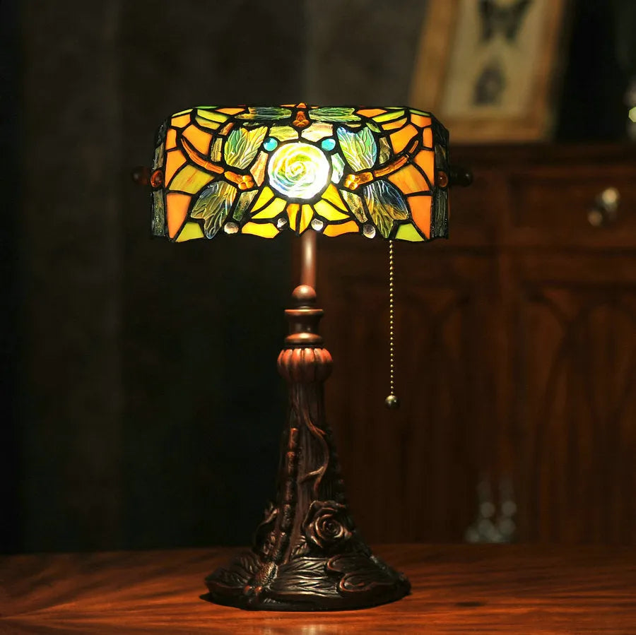10-inch Tiffany table lamp with coloured stained glass shade on resin base