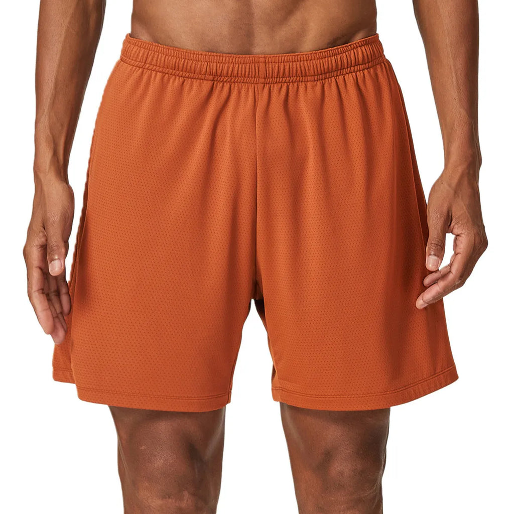Men's sky green double-layer quick-dry running shorts with mid-waist and shorts length.